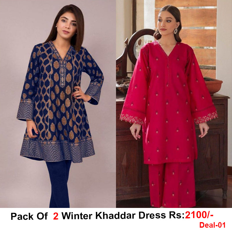 Pack Of 2 Winter 2 Pcs Khaddar Dress