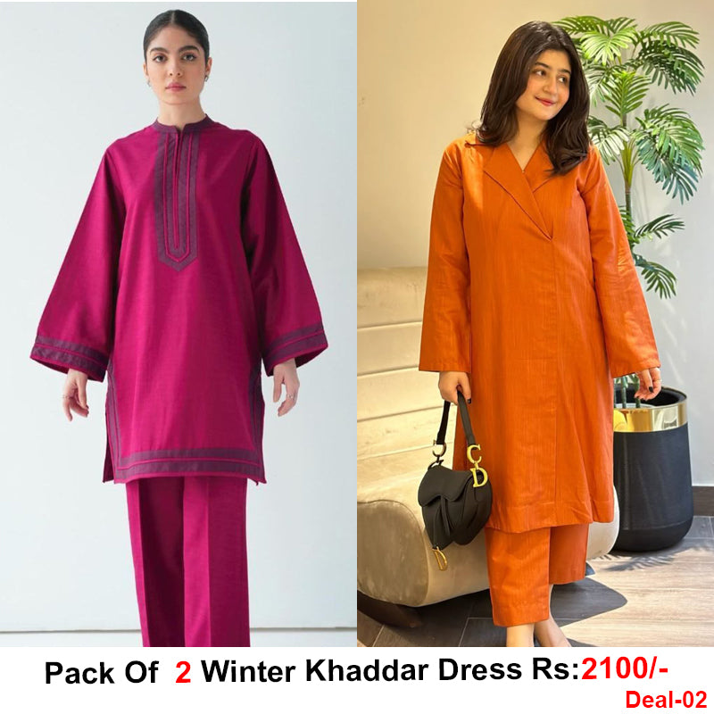 Pack Of 2 Winter 2 Pcs Khaddar Dress