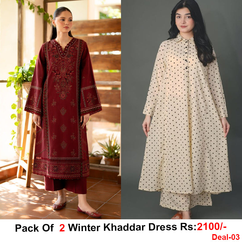 Pack Of 2 Winter 2 Pcs Khaddar Dress