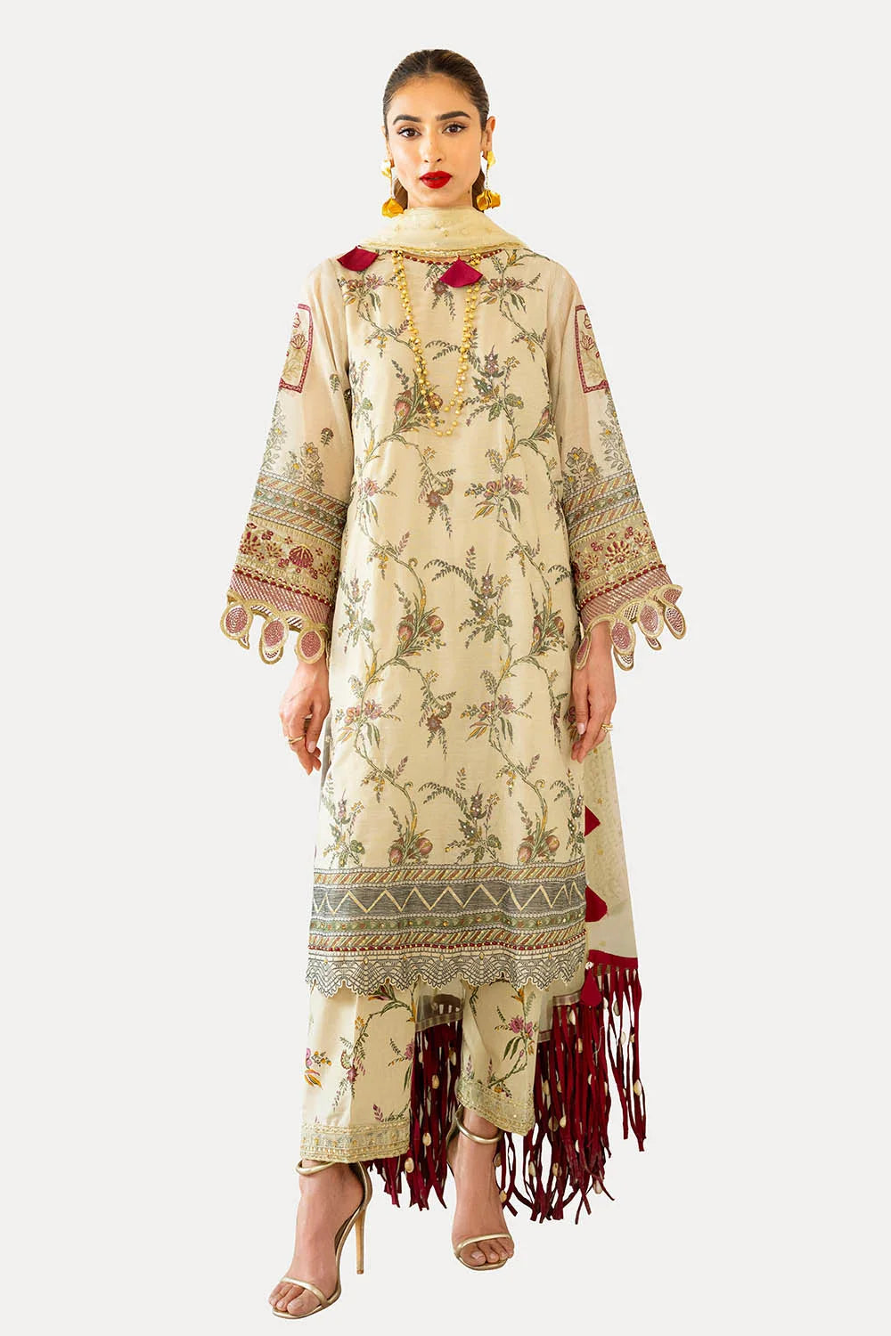 3 Piece Unstitched Embroidered Printed Monar Slub Suit with Embroidered Net Dupatta