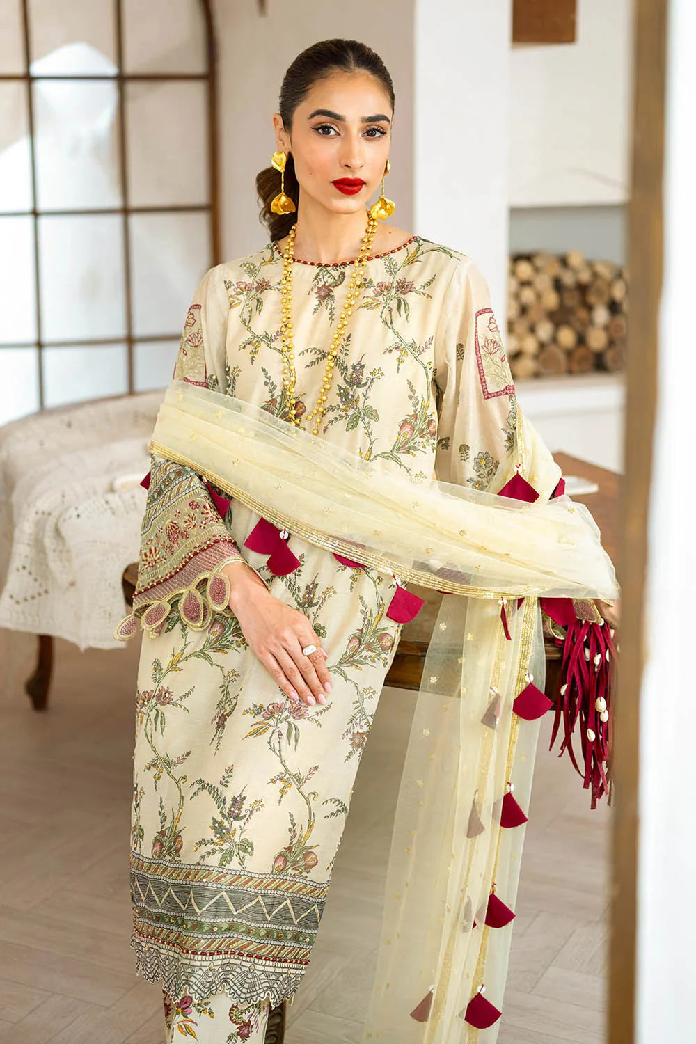3 Piece Unstitched Embroidered Printed Monar Slub Suit with Embroidered Net Dupatta